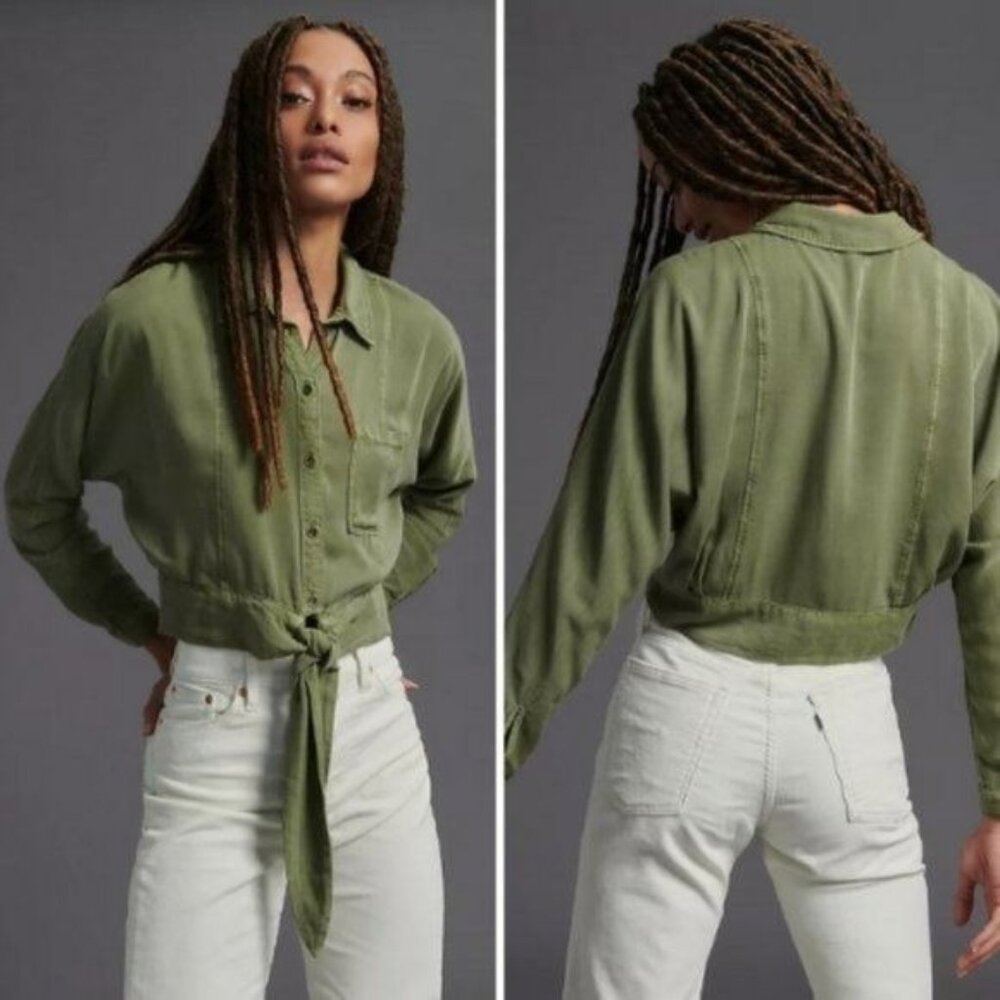 Pilcro and the Letterpress Olive Green Tie-Front Top XXS NWT